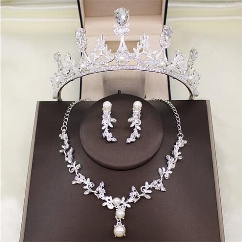 Luxury Women Princess Crown Necklace Earrings Crystal Rhinestone Tiara Jewelry Silver Bridal Hair Accessories In Stock