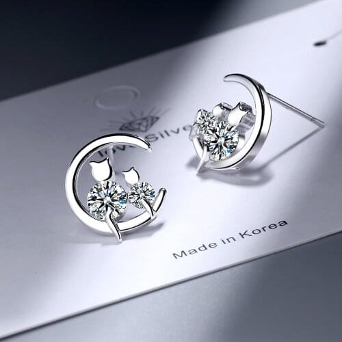 Fashion 925 Sterling Silver Cute Small Cat Moon Enamel 5A CZ Stud Earrings for Women Girls Children Baby Kids Fine Jewelry