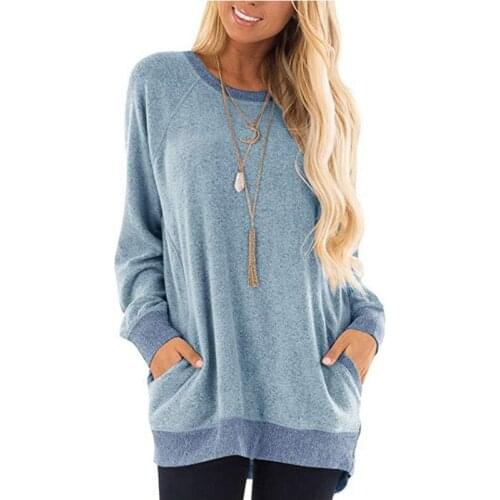 Loose Casual Long Sleeve Tshirt Autumn Women New Solid Color Pockets Pullover Tops Plus Size 2XL Cotton Tees Women Clothing