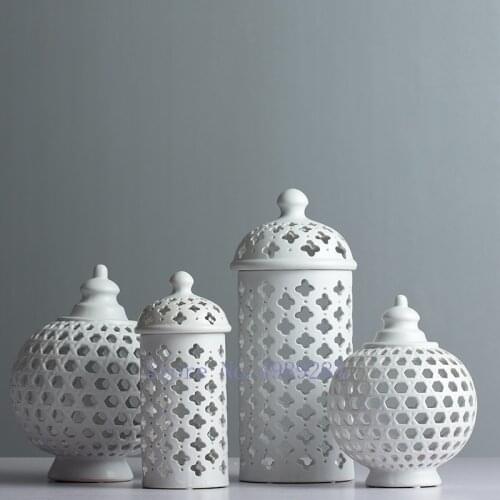 Creativity Ceramics Hollow Out Vase Storage Tank with Lid General Jar Handicraft Furnishings White Modern Home Decoration