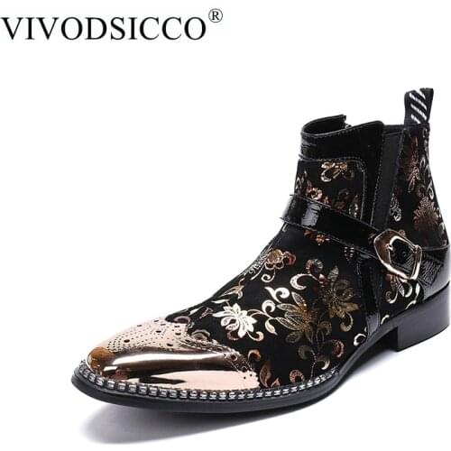 VIVODSICCO Fashion Luxury Style Men Ankle Boots for Men Italian Business Print Formal Dress Monk Straps Shoes Cowboy Boots