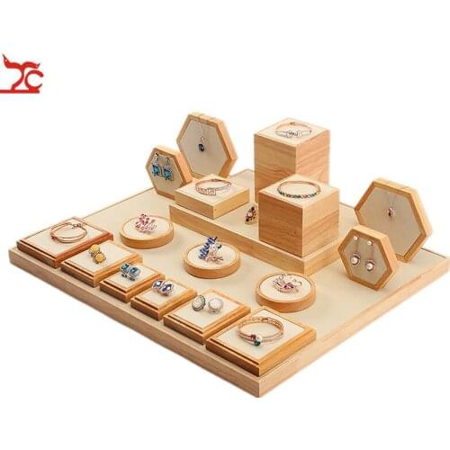 Jewelry Display Props Pendant Necklace Display Stand Solid Wood Ring Earrings Seat Holder Set Combination Jewlery Organizer