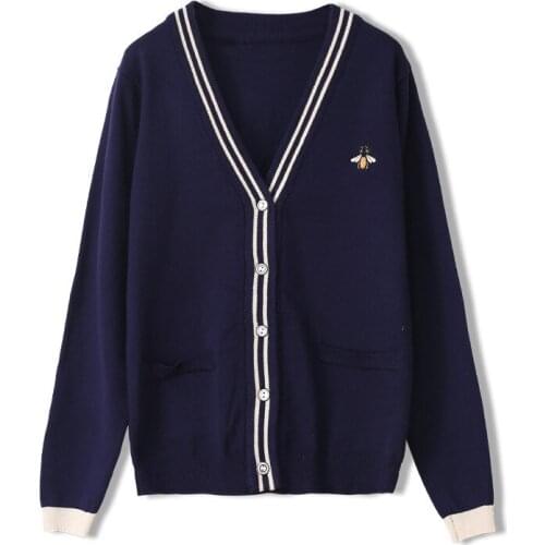 Spring Autumn Woman Bees Embroidery Bee Loose Long Sleeve Knitted Blouse Black White Stripe Baitie College Wind Lady Sweater