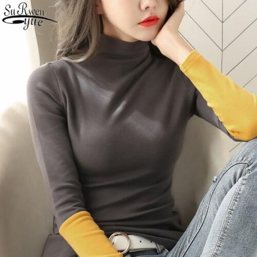 Cotton Half-turtleneck Womens Bottoming Shirt Autumn 2021 New Style Solid Slim Long Sleeve Fashion T-shirt Stitching 11219