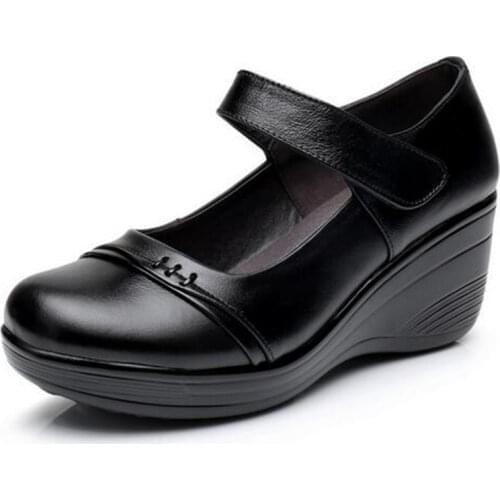 Promotion Top Cowhide Light Comfortable Shoes Women High Heel Shoes Black Leather Shoes 2020 New Platform Wedges Womans Shoes