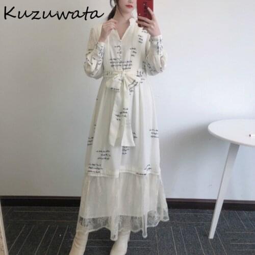 Elegant Letter Chic Print Slim Waist Dress 2021 Spring Lace Patchwork Vestidos V Neck Exquisite Button Women Dresses