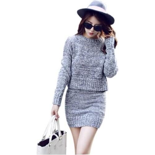 New autumn/ Winter 2 Pieces Sweater Dress Set Women Long Sleeve Office Wear Casual Gray Pullover Knitted Dresses Clothing Suit