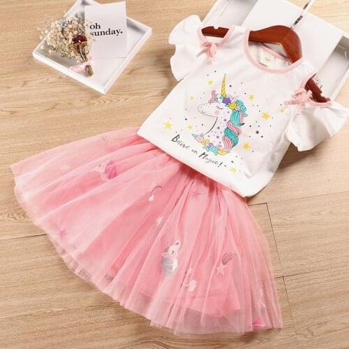 Girls Clothing Girls 2021 Summer New Sets Fashion Style Cartoon Unicorn Printed T-Shirts+Net Veil Dress 2Pcs Girls Clothes
