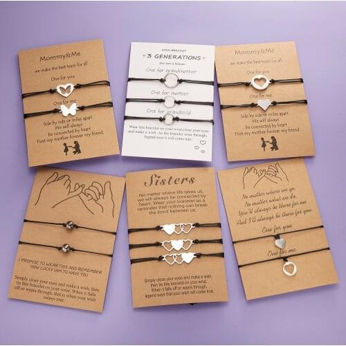 2pcs/set Heart Circle Beads Charm Bracelets For Women Girls Handmade Black Thread Bracelets Jewelry With Card Mothers Day Gift