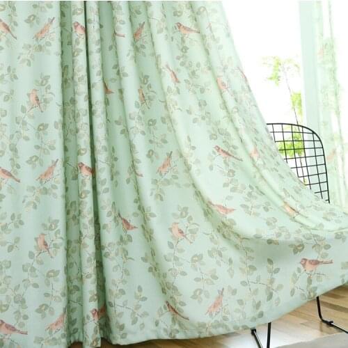 American Small Fresh Curtains for Living Dining Room Bedroom Idyllic Green Printed BirdLeafCurtain Finished ProductCustomization