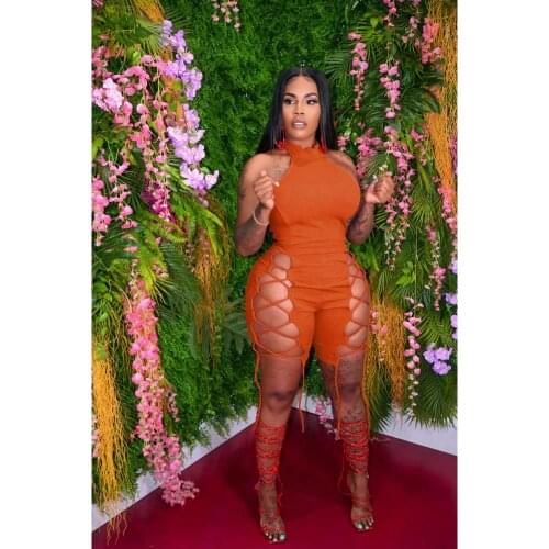 Sleeveless Halter Skinny Shorts Criss-cross Lace Up Jumpsuit Sexy Bandage Bodycon Slim Fit Womens One Piece Romper Open Back