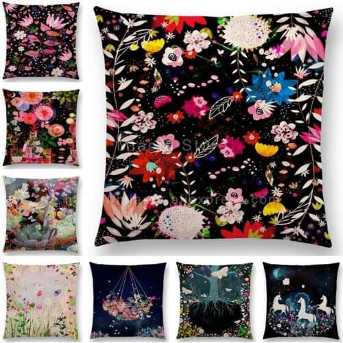 Aurora Horse Flowers Leaf Sofa Throw Pillow Case Tree Floral Garden Magical Dream Fantasy Night Fox Deer Unicorn Cushion Cover