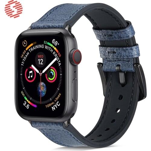 ShengOne Fashionable Litchi Pattern Genuine Leather Combined with Soft Silicone Band for Apple Watch Series 3 4 5 6 SE 40MM 44MM