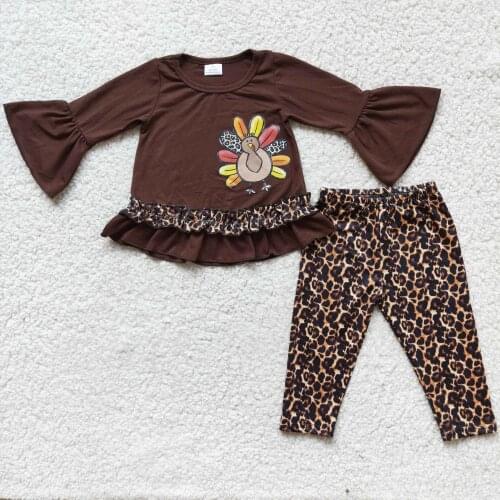 RTS Baby girls Thanksgiving turkey vinyl cotton ruffle tunic leopard wholesale children kids boutique outfits fall clothing sets