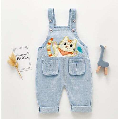 1 2 3 4 Y Toddler Kids Denim Overalls Spring Autumn Baby Girls Boys Cartoon Cat Jumpsuits Children Clothes Baby Denim Pants 2021