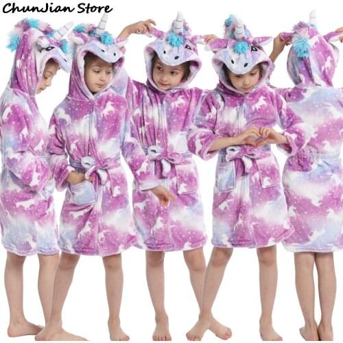 Kigurumi Children Bathrobe Baby Bath Robe Animal Rainbow Unicorn Hooded Bathrobes For Boys Girl Pyjamas Nightgown Kids Sleepwear