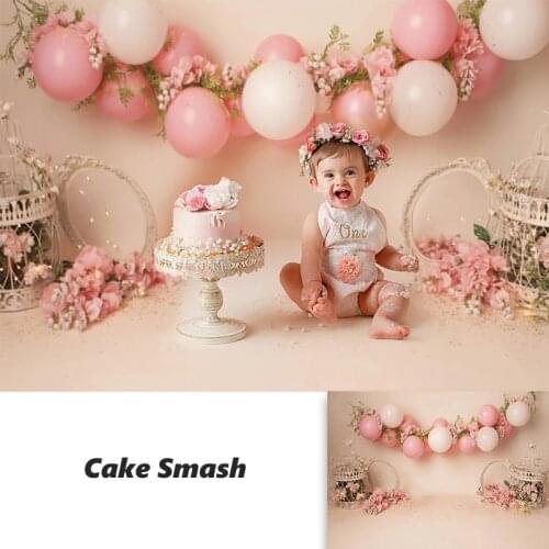 Girl 1st Birthday Cake Smash Photography Backdrops Pink Balloon Flower Decor Birthday Photo Props Studio Booth Background