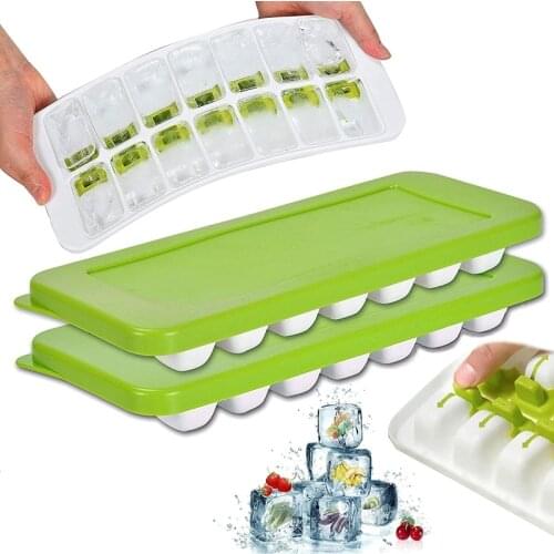 Hot Ice Square Trays with Lid 2 Pack Silicone Plastic 14-Ice Trays Mold with Removable Covers Reusable Ice Square Green