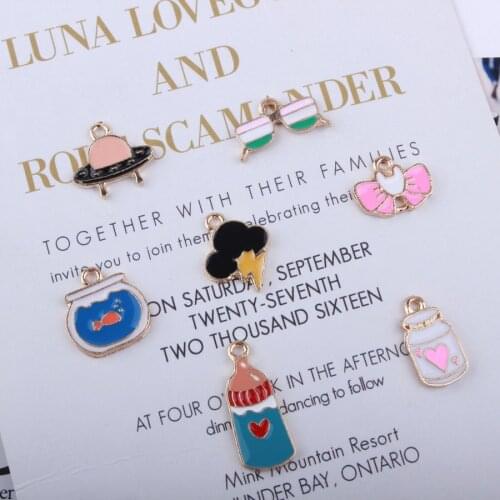 New Arrival 10pcs Kawaii Enamel Alloy Charms Lovely Ribbon Bow Ice Cream Milk Sunglasses Box Floating Pendant Charms Fit Earring