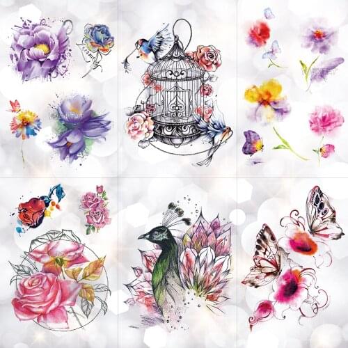 Bird Cage Peacock Flowers Waterproof Temporary Tattoo Sticker Body Art Arm Watercolor Drawing Tattoo Butterfly Rose Fake Tattoo