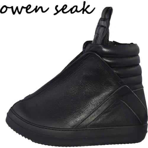 Owen Seak Men Shoes High-TOP Ankle Luxury Trainers Sneaker Genuine Leather Men Boots Casual Brand Zip Flats Black White Shoes