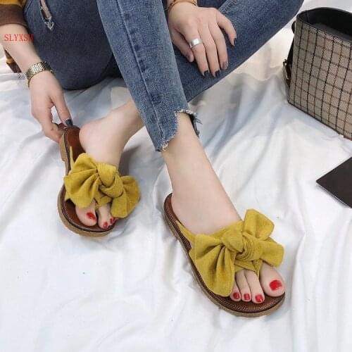 Summer Hot Sale Women Flip Flops Fashion Solid Color Bow tie Flat Heel Sandals Size 36-40 Outdoor Slipper Beach Shoes For Female