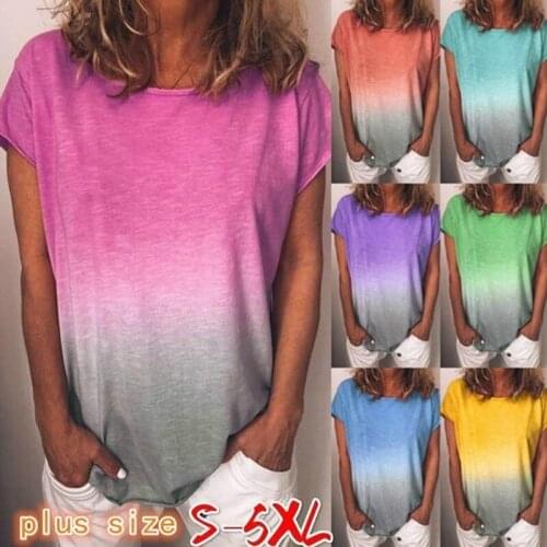 Summer 2020 new womens round neck gradient color printing short-sleeved T-shirt female simple T-shirt