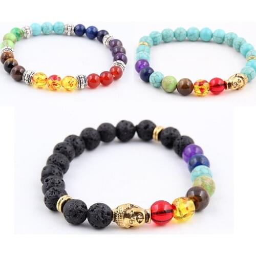 Natural Volcanic Stone Bracelets Charm Women Chakra Balance Beads Men Black Lava Turquoises Strand Bangle Fashion Buddha Jewelry