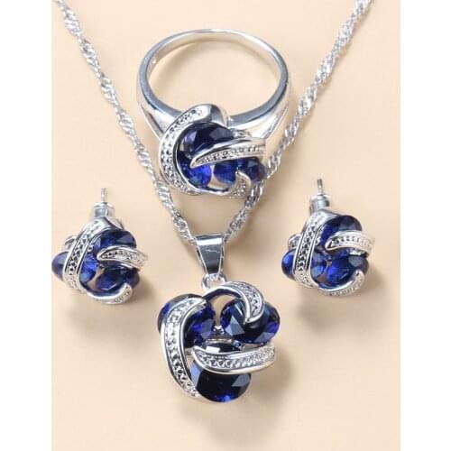 Classic Women Wedding Fashion Accessories Jewelry Sets With Natural Stone CZ Blue Silver Color Bracelet And Ring Sets
