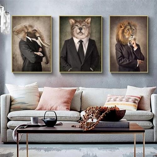 Wall Art Canvas Prints Animals On the Wall Art Wearing Clothes Dog Lion Elephant Pictures for Living Room Decorative Painting