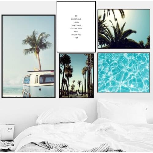 Palm Trees Car Beach Ripple Water Quotes Wall Art Canvas Painting Nordic Posters And Prints Wall Pictures For Living Room Decor