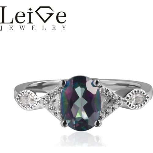 925 Silver Real Mystic Topaz Ring Oval Cut Prong Setting Rainbow Gemstone Engagement Rings for Women Romantic Gifts