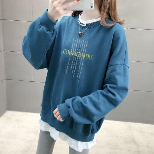 Spring Autumn Style Womens Cotton Sweatshirts Letter Printed Fake Two Pieces O-Neck Korean Loose Sweatshirts AA4078