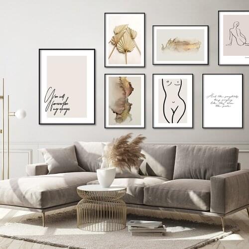 Nordic Vintage Poster Golden Leaf Abstract Ink Woman line Wall Art Print Canvas Painting Wall Pictures For Living Room Decor