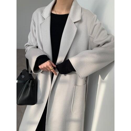 Premium water ripple mid-length suit tie tie double-sided cashmere coat woolen coat female 21 new
