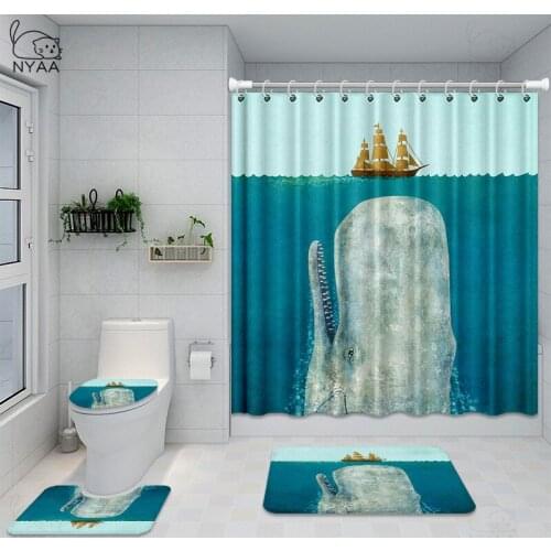 NYAA Lovely Shark Printed Shower Curtain Set Polyester Waterproof Cloth Shower Curtains Bathroom Non-slip Floor Mat
