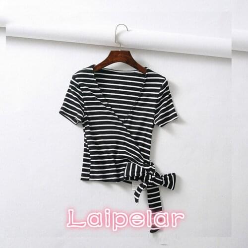 Summer v neck Striped t shirt women crop tops Sexy bow short sleeve wrap t shirt korean fashion knitted women tops streetwear