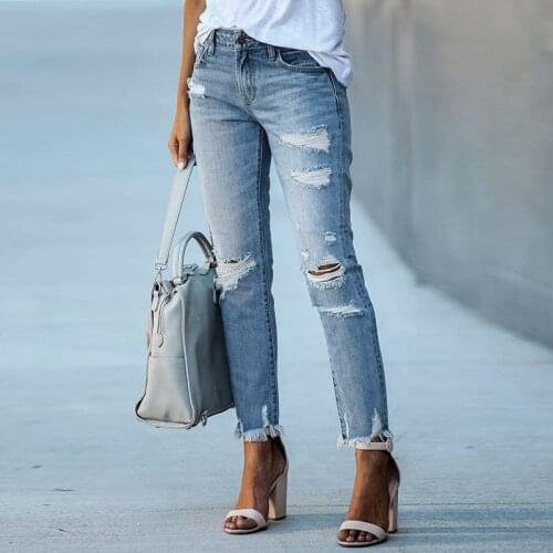Women Mid Waist Distressed Stretch Skinny Denim Pants 2021 High Waist Fashion Streetwear Ripped Boyfriend Jeans Female Trouser