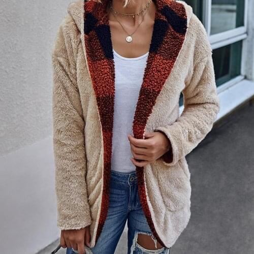 Women Autumn Winter Long Sleeve Reversible Plaid Pockets Warm Coat Plush Jacket Womens Clothing
