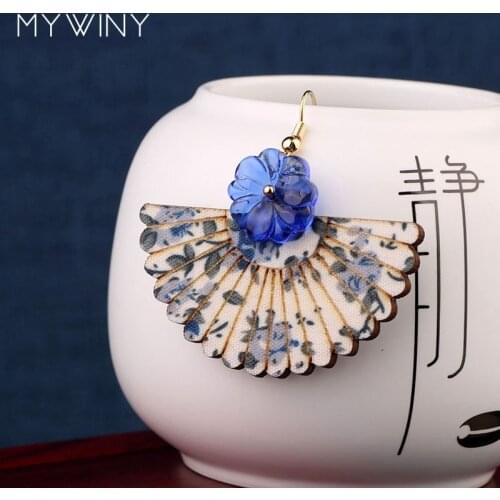 2 colors MYWINY New wood with fabric pattern fan shape earrings