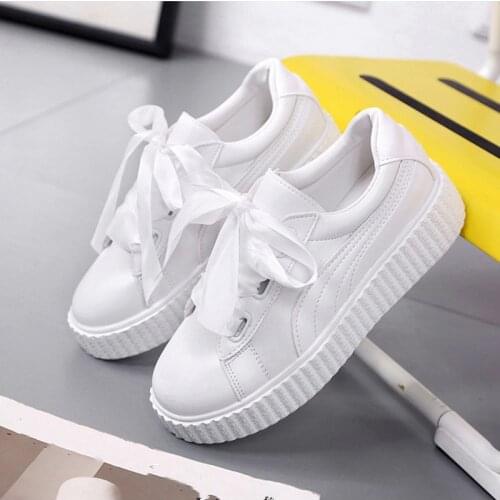White Bow Shoes Women Student Bow Sneakers Ribbon Korean Trend Cloth Casual Boots (Lace Up) White 2021