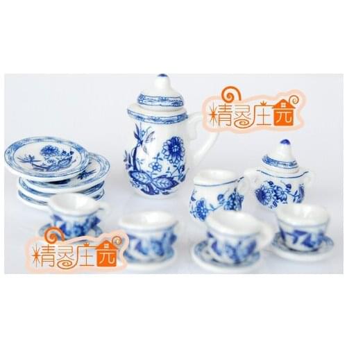 G05-X4324 children baby gift Toy 1:12 Dollhouse mini Furniture Miniature rement ceramics tea set 15pcs/set blue chrysanthemum