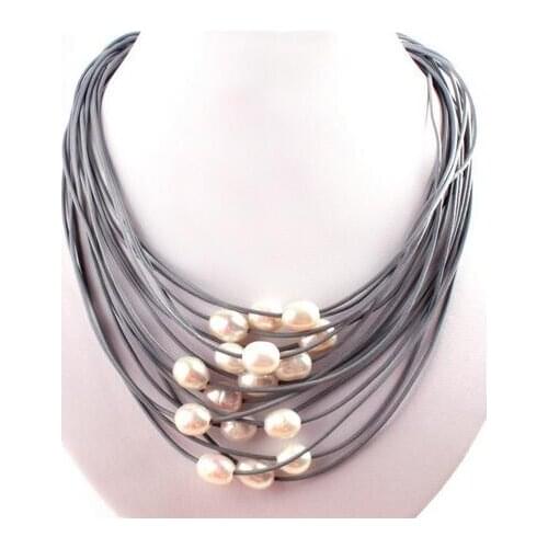 Delivery Shaping 10-12mm Natural Oval Freshwater Pearl Gem Stone Work Manual 15 Row Leather Fashion Necklace 16 "-22" Magnet Cla