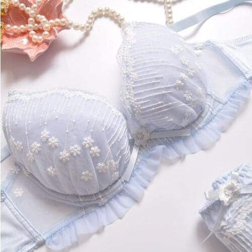 Japanese Floral Push Up Bra Set 70 75 90 85 80BCDEF White Brassiere Girls Panties Women Underwear 2Pcs Lace Brief Flowers Top Bh