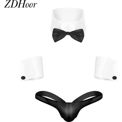 Mens Adults Waiter Roleplay Costume Outfits Sexy Lingerie Set See Through Fishnet Bikini G-string Thong Jockstrap Underwear