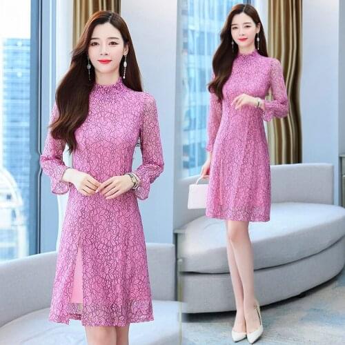 Lace Short Dress 2021 New Arrival Plus Size Womens Stand Up Collar Long Sleeve Slim Fit Fashion Printed Autumn Dress Mini M474