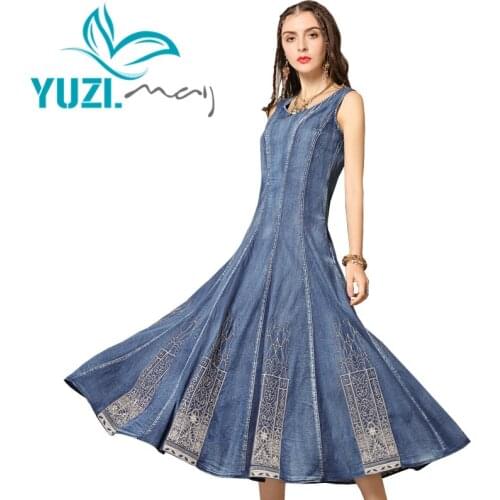 Summer Dress 2019 Yuzi.may Boho New Denim Women Dresses O-Neck Sleeveless Sundress Embroidery Swing Hem Vestido DZ301 Vestidos