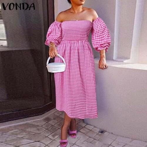 Summer Sundress Women Vintage Plaid Dress 2021 VONDA Sexy Long Sleeve Off Shoulder Holiday Party Long Dress Vestidos Oversized