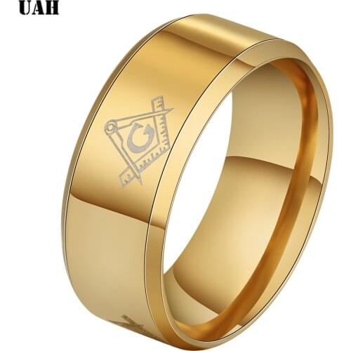 UAH Vintage Black Stainless Steel Men Ring Big Freemasonry Masonic AG Retro Punk Silver Color Titanium Male Ring Jewelry