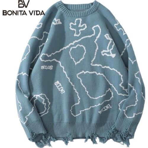 Bonita Vida Funny Cartoon Graphic Sweater Men Autumn Winter High Street College Style Casual Loose Sweater Fashion Streetwear